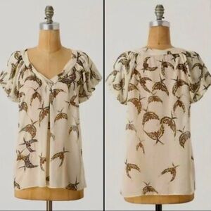 Anthropologie Moulinette Soeurs Silk Embroidered Beaded Sequin Birds Blouse